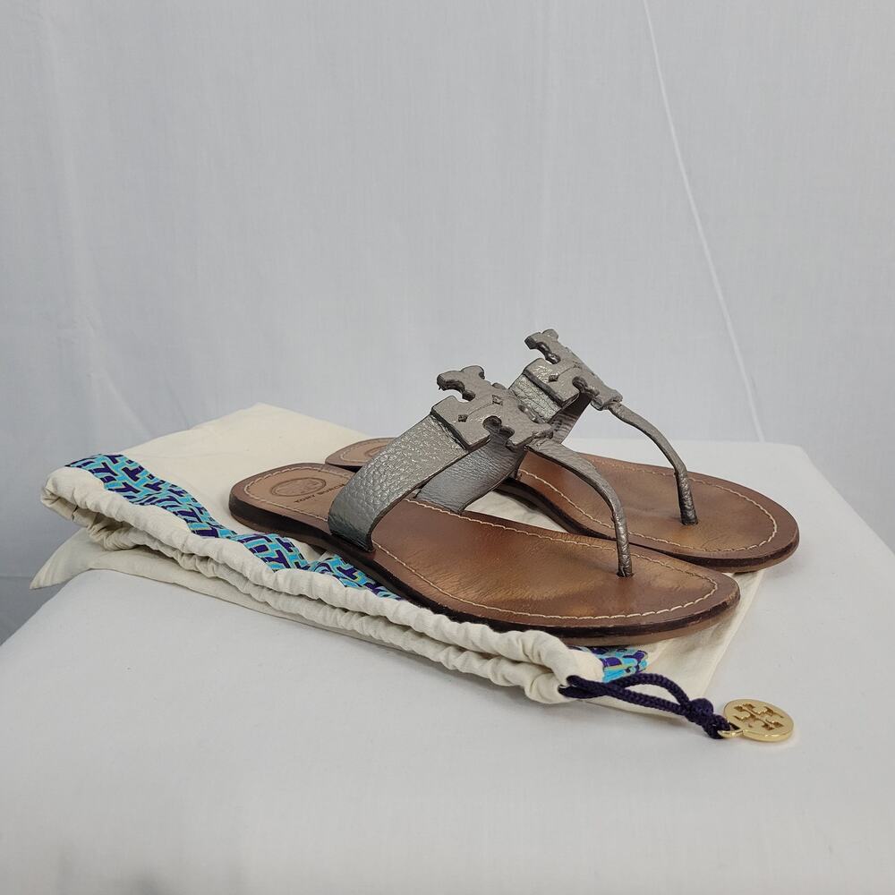 Tory Burch Moore Metallic Pewter Leather Thong Sandals women's size 6.5M Casual